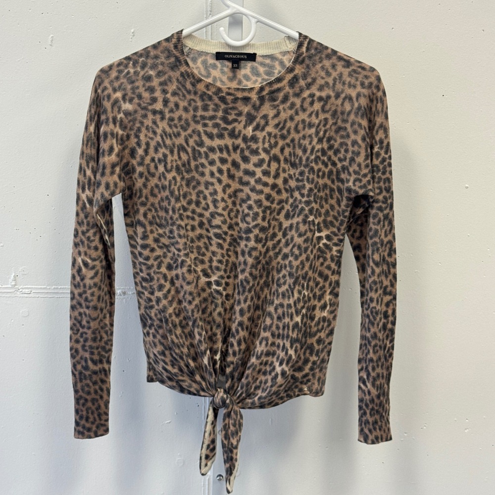 Olivaceous Leopard Animal‎ Print Wool Blend Front Tie Sweater Brown Crew Neck XS